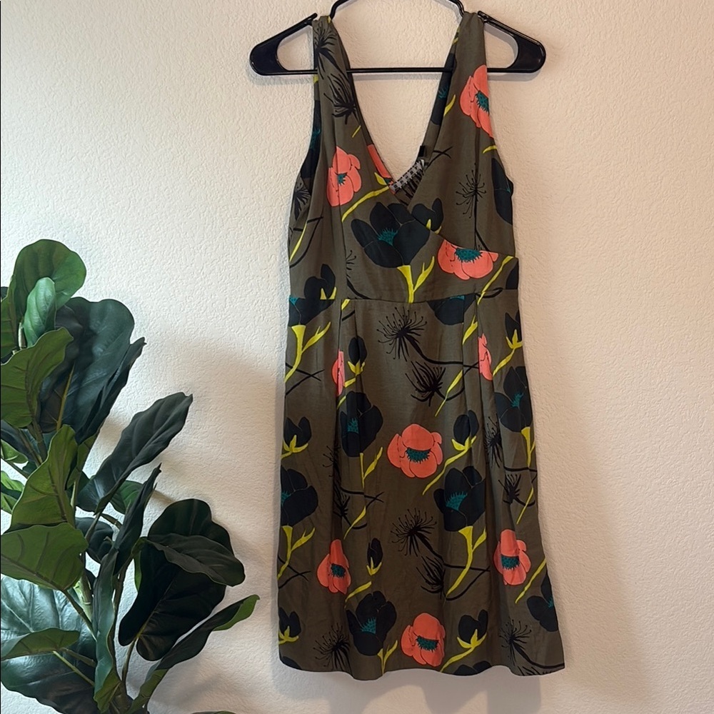 Anthropologie Olive Green Floral Dress with Coral and Black Accents